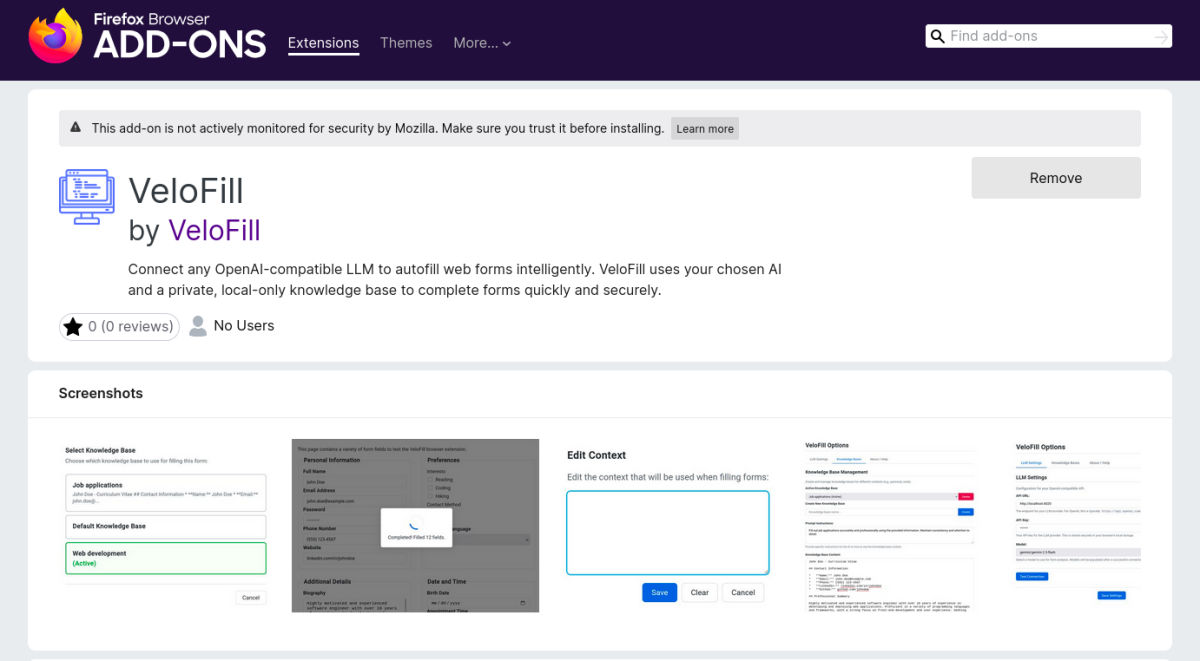 Firefox Add-ons listing page for VeloFill