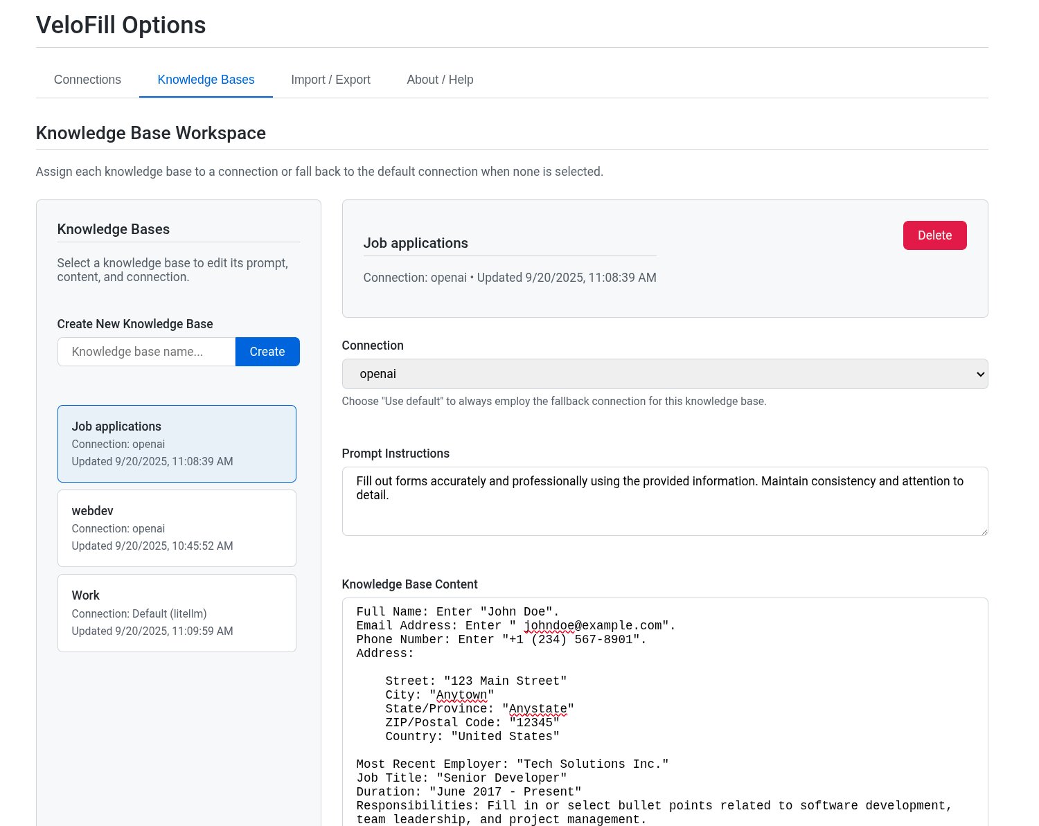 Knowledge Base list view with categories and entries