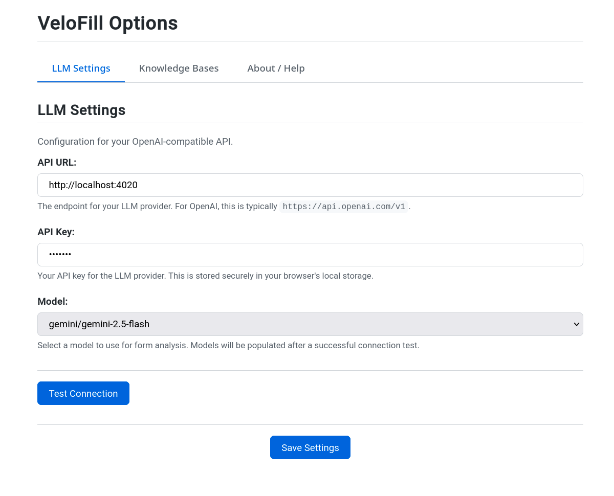 VeloFill options page showing LLM configuration fields