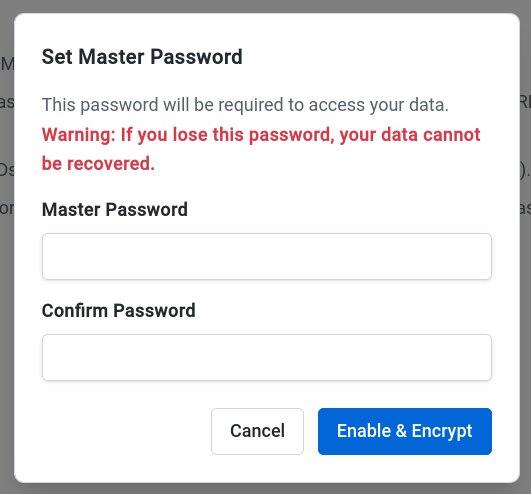 Set master password dialog with fields for master password and confirmation
