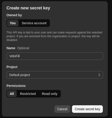 OpenAI API key creation dialog showing the form to generate a new secret key