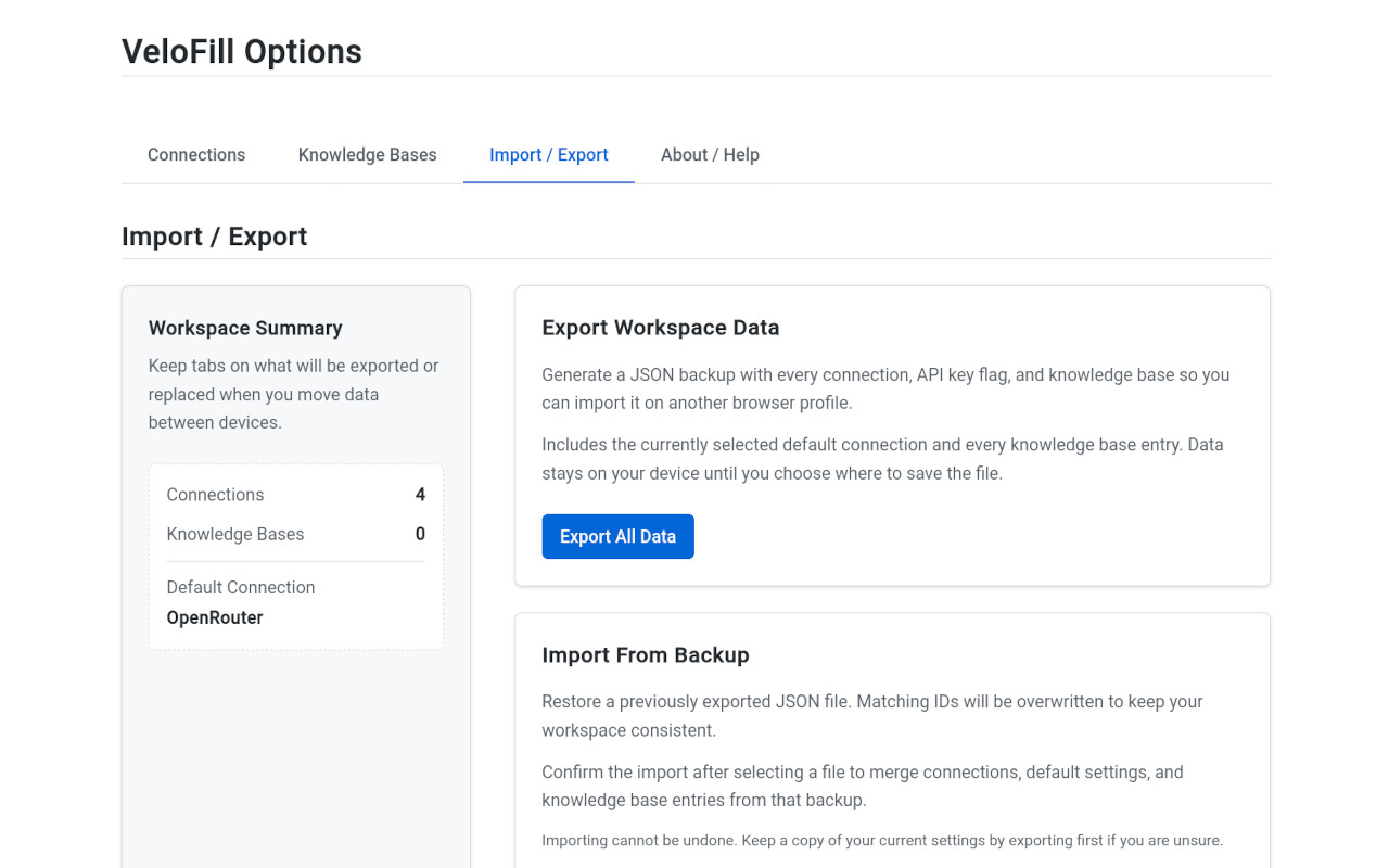 Import and Export VeloFill Knowledge Bases