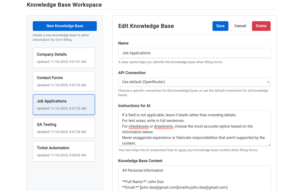 Manage VeloFill Knowledge Bases